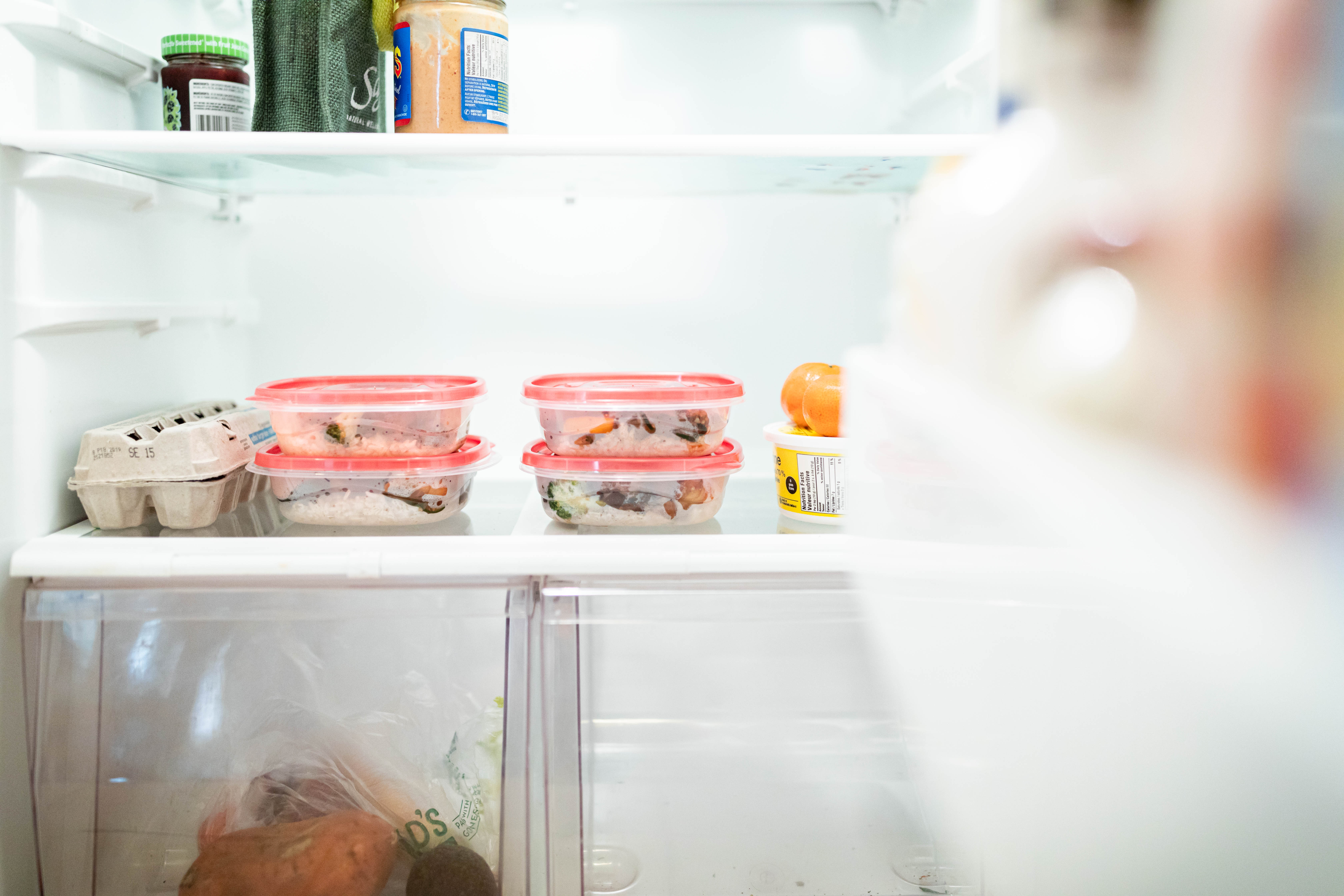 Meal prepped containers in the fridge