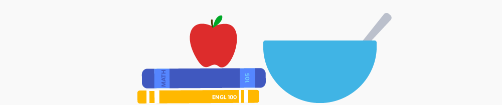 Illustration of an apple, a bowl, and some books